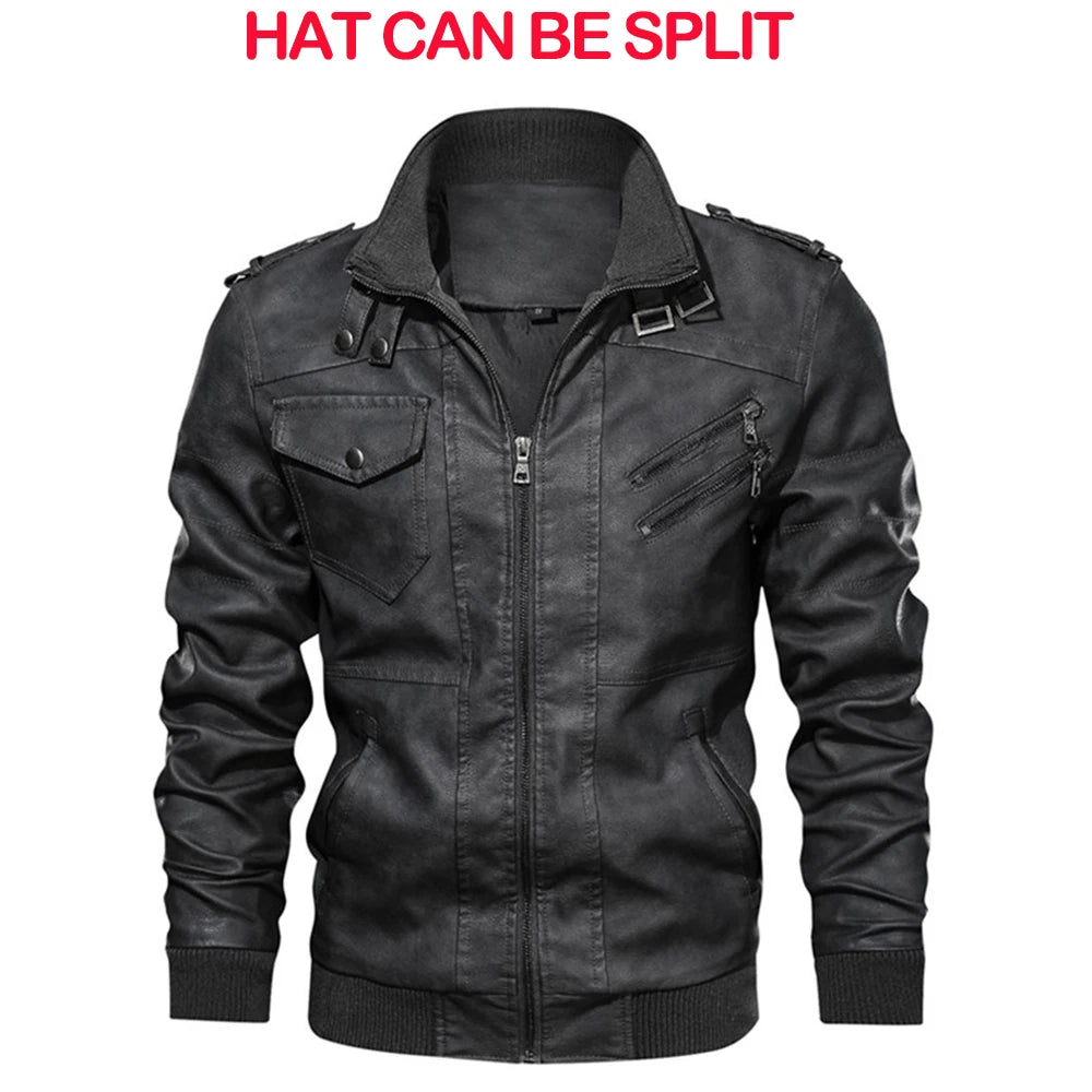 Black Men's PU Leather Biker Jackets With No Hat