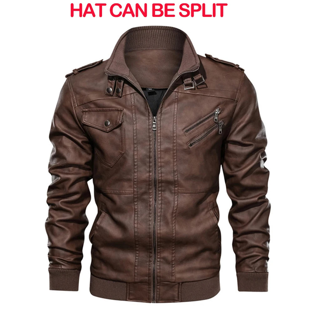 Brown Men's PU Leather Biker Jackets With no hat