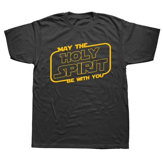 Black t-shirt with yellow text 'May the Holy Spirit be with you' on a white background