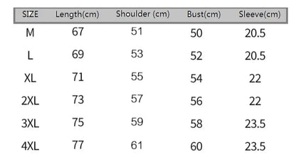 T-shirt size chart with measurements for length, shoulder, bust, and sleeve.