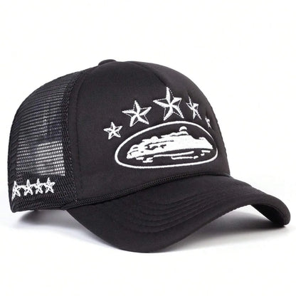 Black trucker cap with white star design and logo on a white background