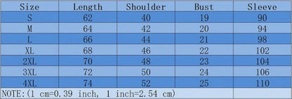 Clothing size chart with measurements for length, shoulder, bust, and sleeve.