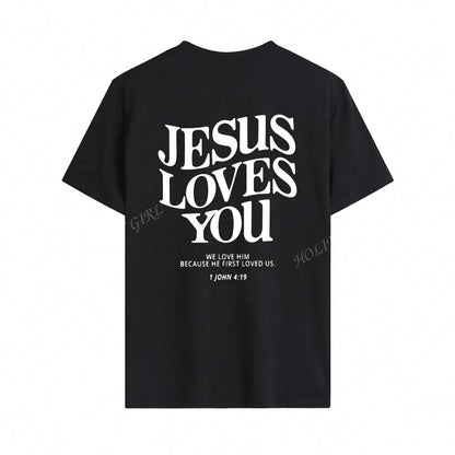 Black t-shirt with 'Jesus Loves You' text on the back against a white background