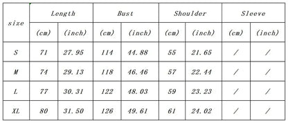 Table showing measurements for different sizes of a garment in centimeters and inches.
