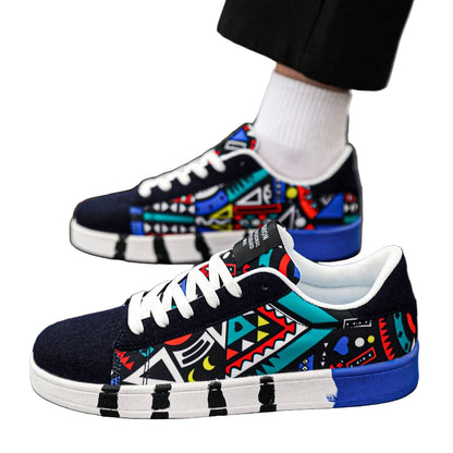 Colorful sneakers with geometric pattern worn by a person on a dark surface.