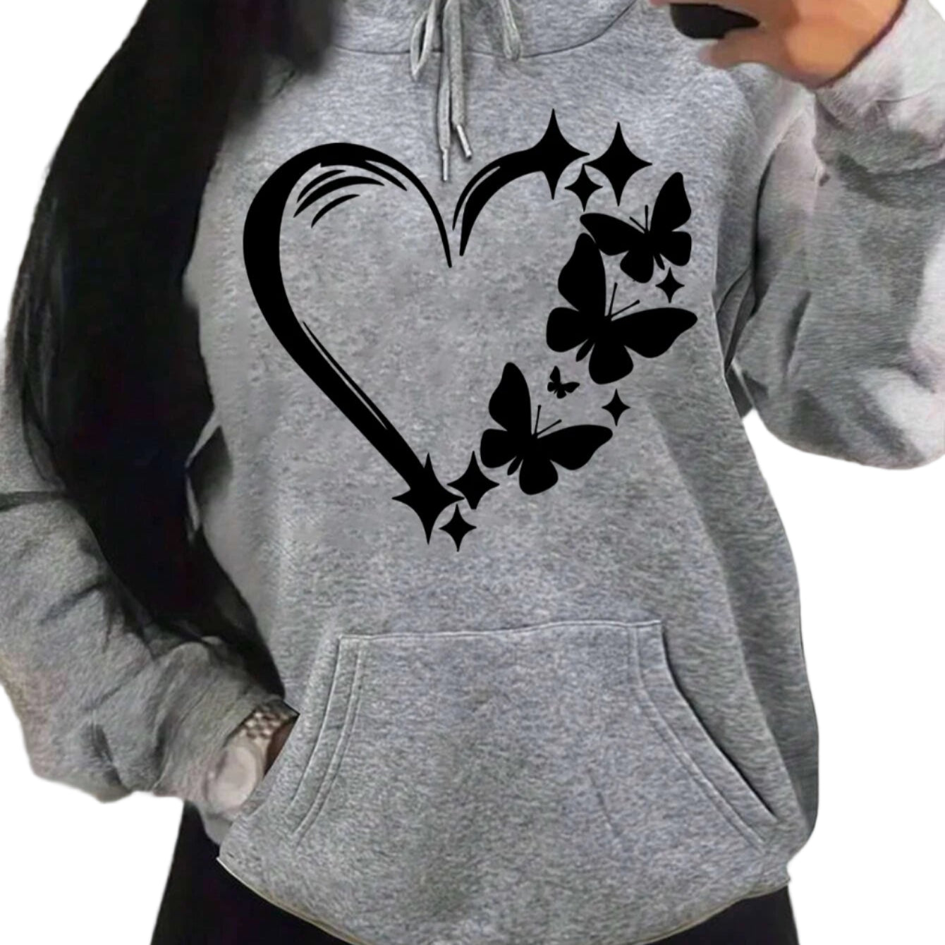Gray hoodie with black heart and butterfly design on a plain background