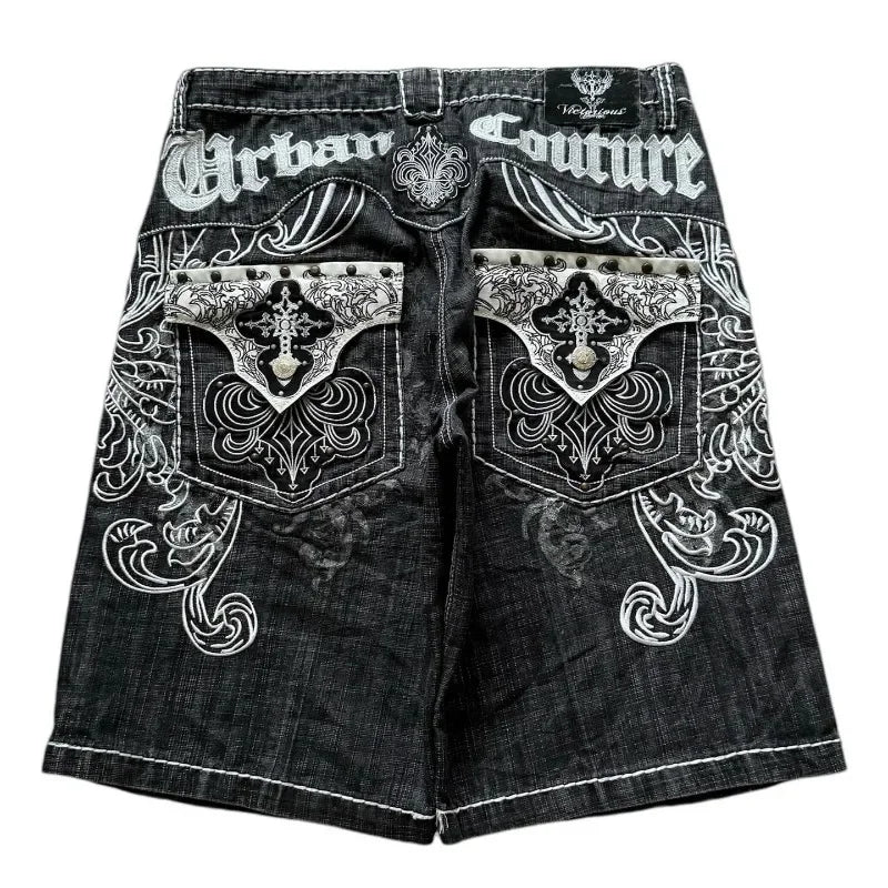 Dark Retro Pattern Embroidery Denim Shorts