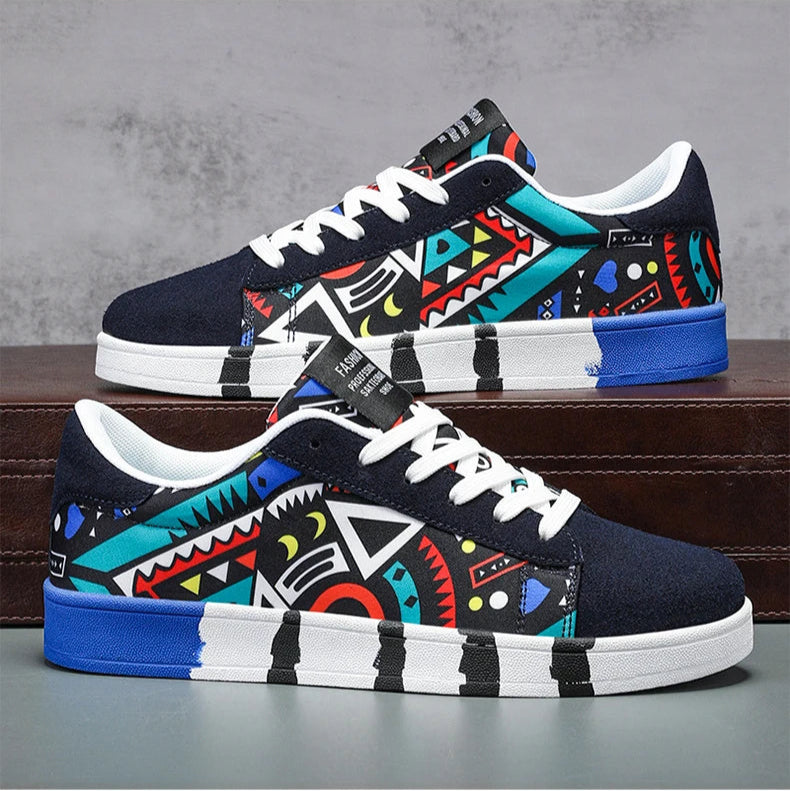 Colorful sneakers with geometric pattern on a gray surface