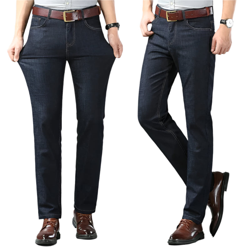 Two views of dark blue jeans worn by a person on a gray background