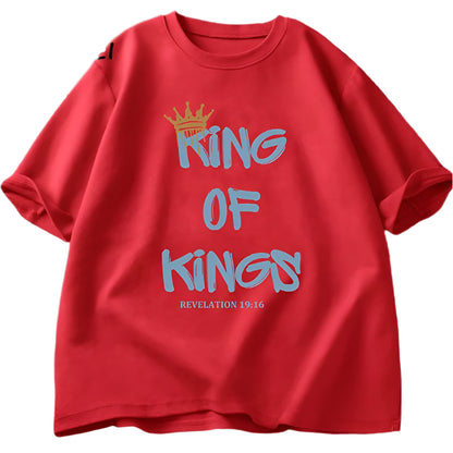 Red t-shirt with blue text 'King of Kings' on a white background