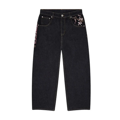 Y2K Cherry Blossom Wide-Leg Embroidery Denim Pants