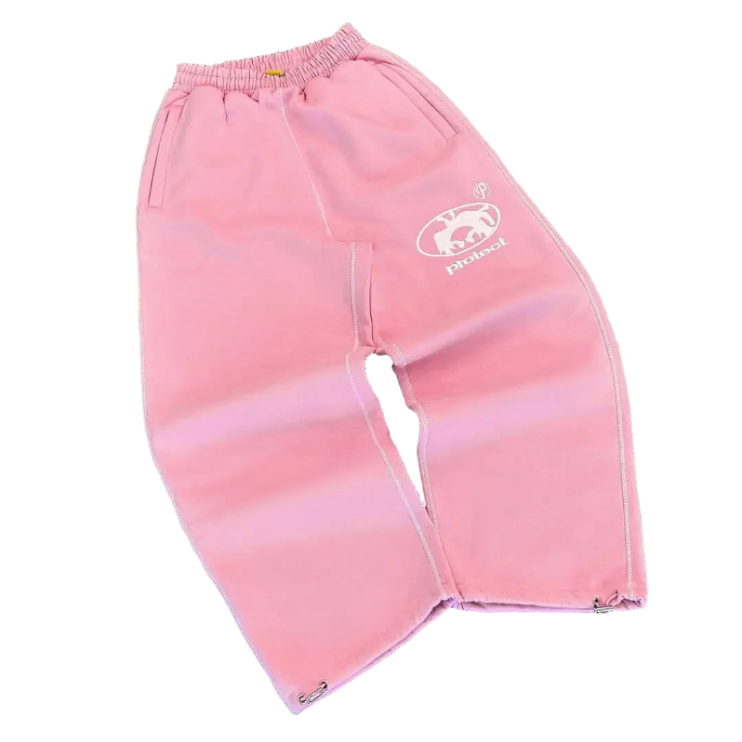Pink padded pants with a logo on a gray background