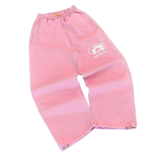 Pink padded pants with a logo on a gray background