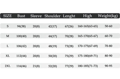Size chart for shirts with measurements and weight information.