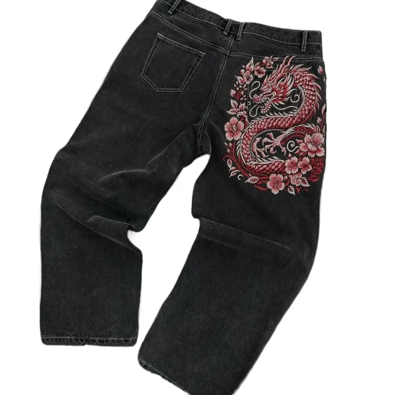 Y2K Cherry Blossom Dragon Embroidery Baggy Jeans