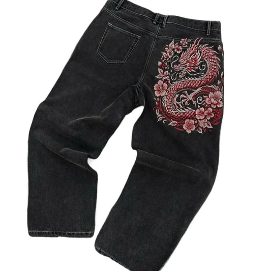 Y2K Cherry Blossom Dragon Embroidery Baggy Jeans