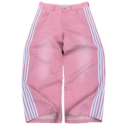 Pink pants with white stripes on a light gray background