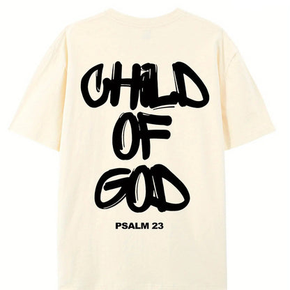 Beige t-shirt with 'Child of God Psalm 23' text on the back