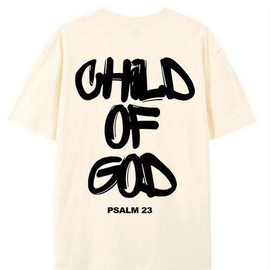 Beige t-shirt with 'Child of God Psalm 23' text on the back