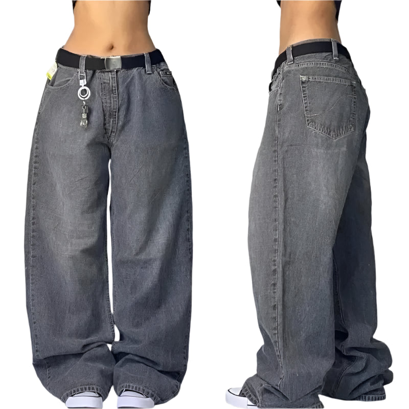 Pair of wide-leg jeans shown from front and back on a plain background