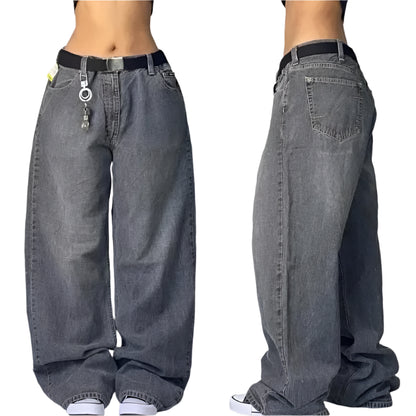 Pair of wide-leg jeans shown from front and back on a plain background