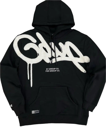 Black hoodie with white logo on a gray background