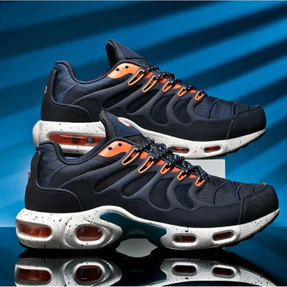 Black and orange athletic shoes on a blue gradient background with promotional text.