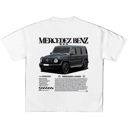 White t-shirt with Mercedes-Benz G63 graphic and text on a dark background