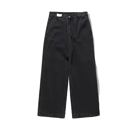 Black wide-leg jeans with white trim on a white background