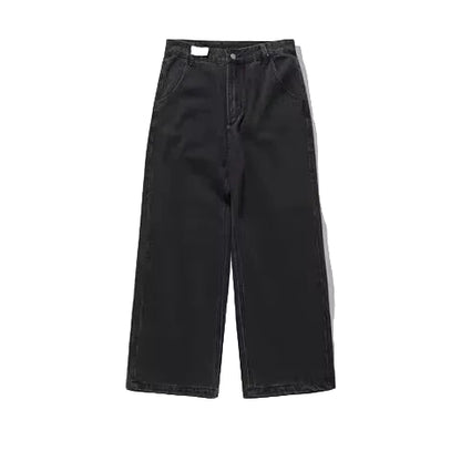 Black wide-leg jeans with white trim on a white background
