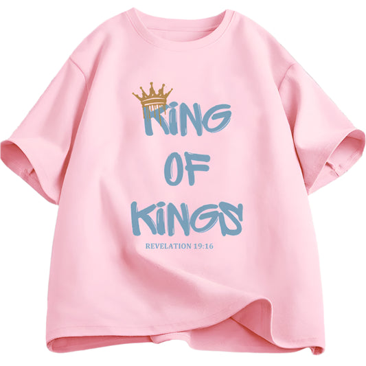Pink t-shirt with 'King of Kings' text and crown graphic on a grid background