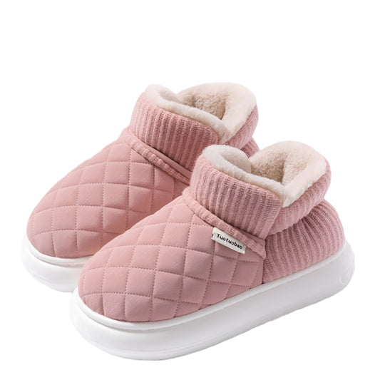 Pink quilted booties with white soles on a pink background, featuring text 'Warm and cold proof' and 'Comfortable & Lightweight'.