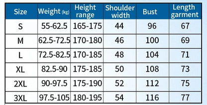 Short-sleeved product size chart with measurements for weight, height, shoulder width, bust, and garment length.