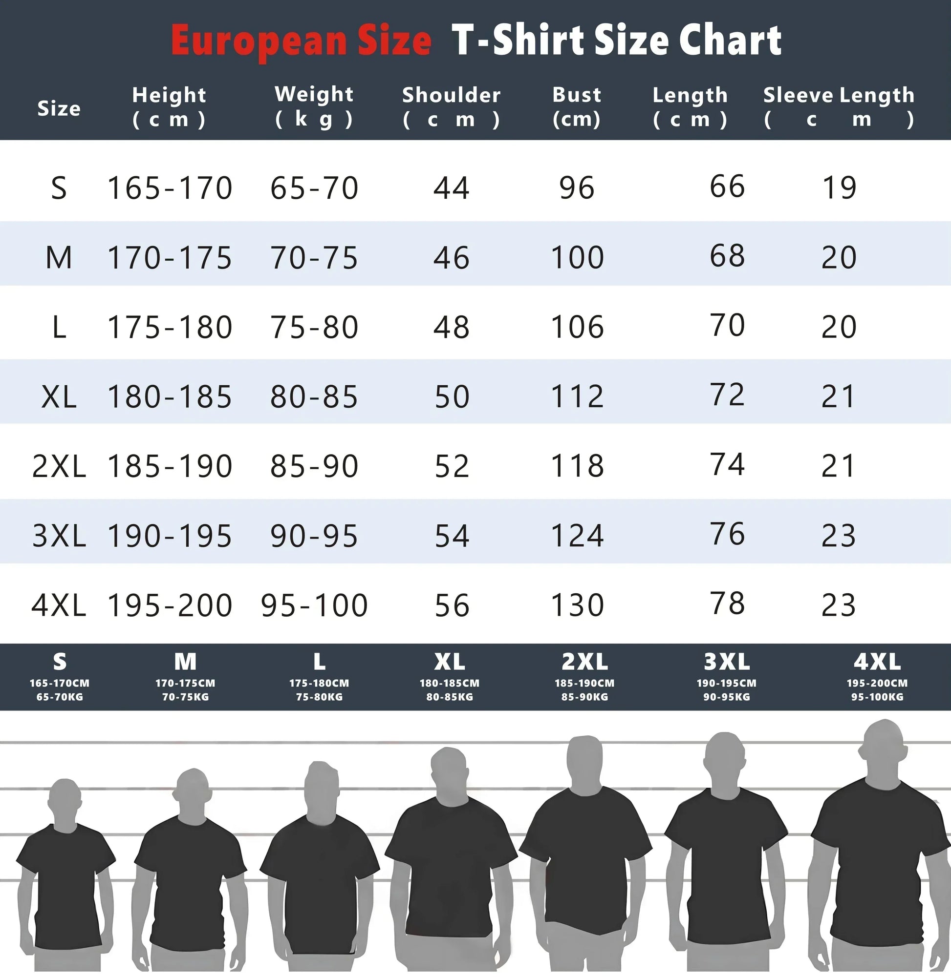 European size chart for t-shirts with height, weight, shoulder, bust, length, and sleeve length measurements.