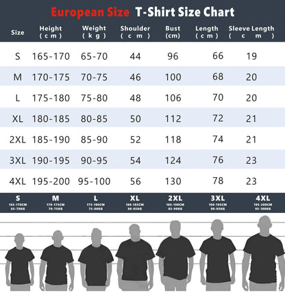 European size chart for t-shirts with height, weight, shoulder, bust, length, and sleeve length measurements.
