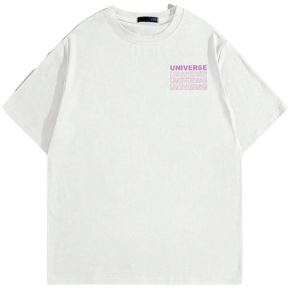 White t-shirt with pink text on a gray background