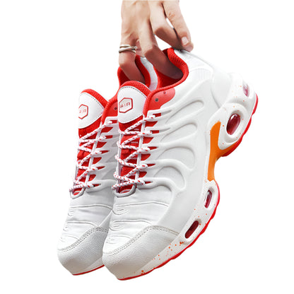 White sneakers with red accents held by a person, with text 'Stylish Men. Fashion' above.