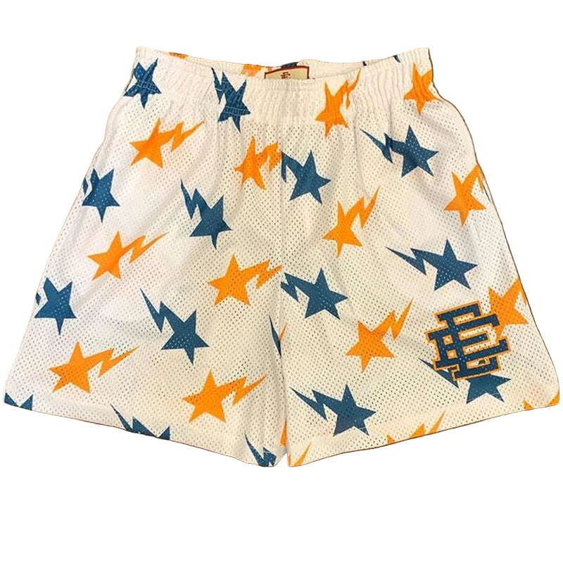 Shorts with star pattern on a wooden floor