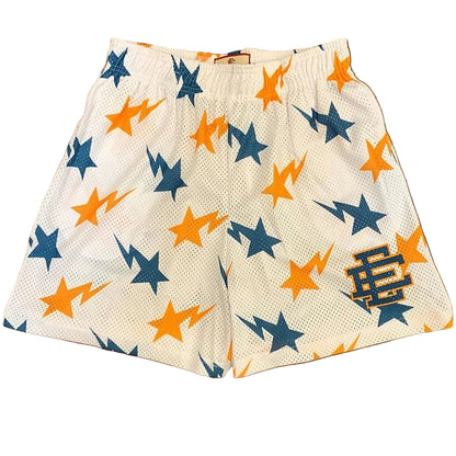 Shorts with star pattern on a wooden floor