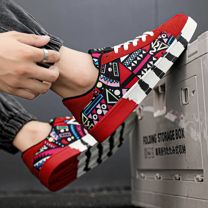 Person wearing red and black patterned sneakers with a storage box in the background