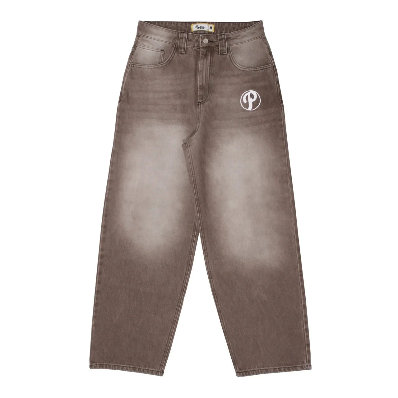 Brown jeans with a logo on a white background
