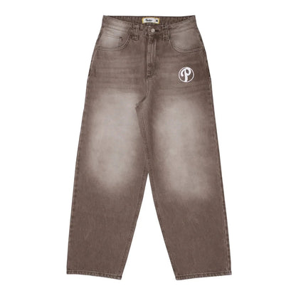Brown jeans with a logo on a white background