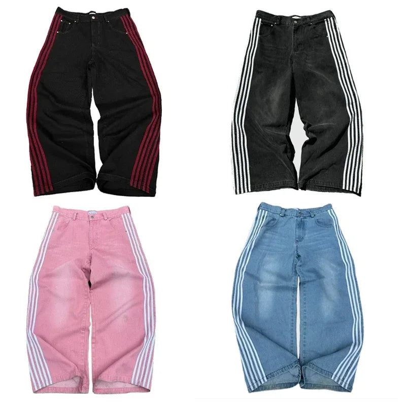 Four pairs of pants with stripes in black, pink, and blue on a white background