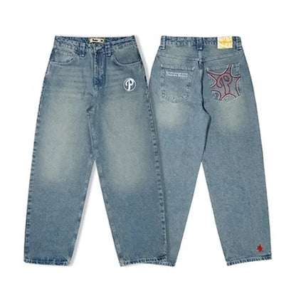 Y2K Cherry Blossom Dragon Embroidery Baggy Jeans