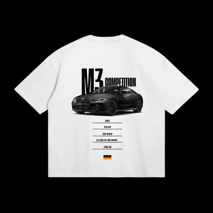 White t-shirt with black car graphic and text on a white background