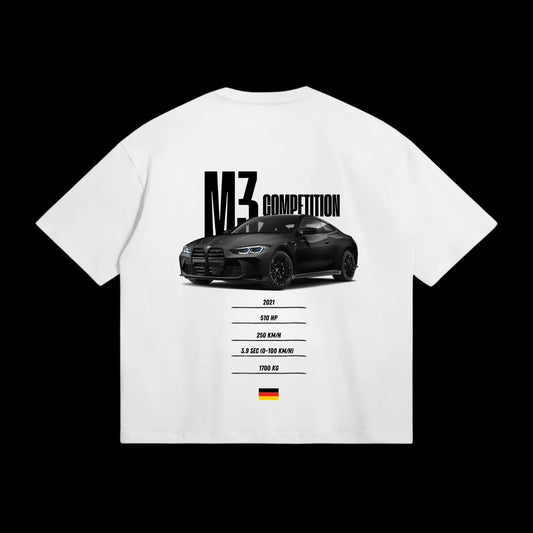 White t-shirt with black car graphic and text on a white background