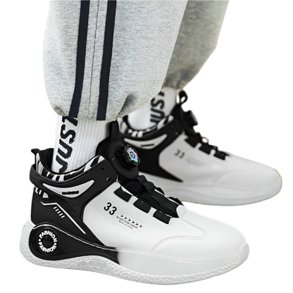 Black and white sneakers with 'JUST DO IT' on a light gray background