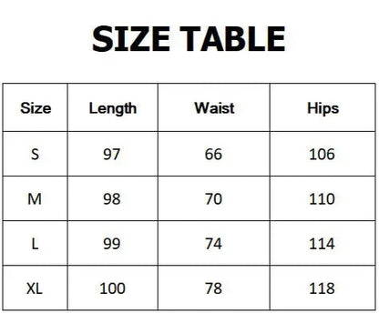 Size table for clothing with measurements in centimeters