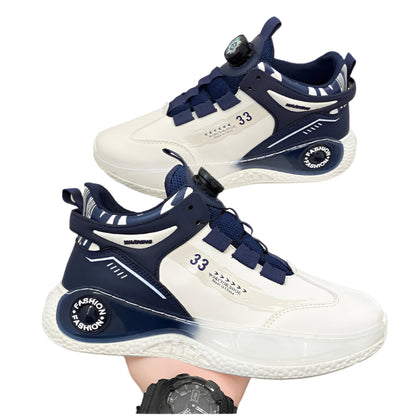 White and navy high-top sneakers with a visible brand logo on a white background.