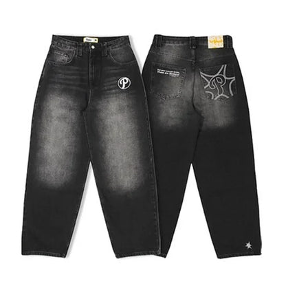 Y2K Cherry Blossom Dragon Embroidery Baggy Jeans